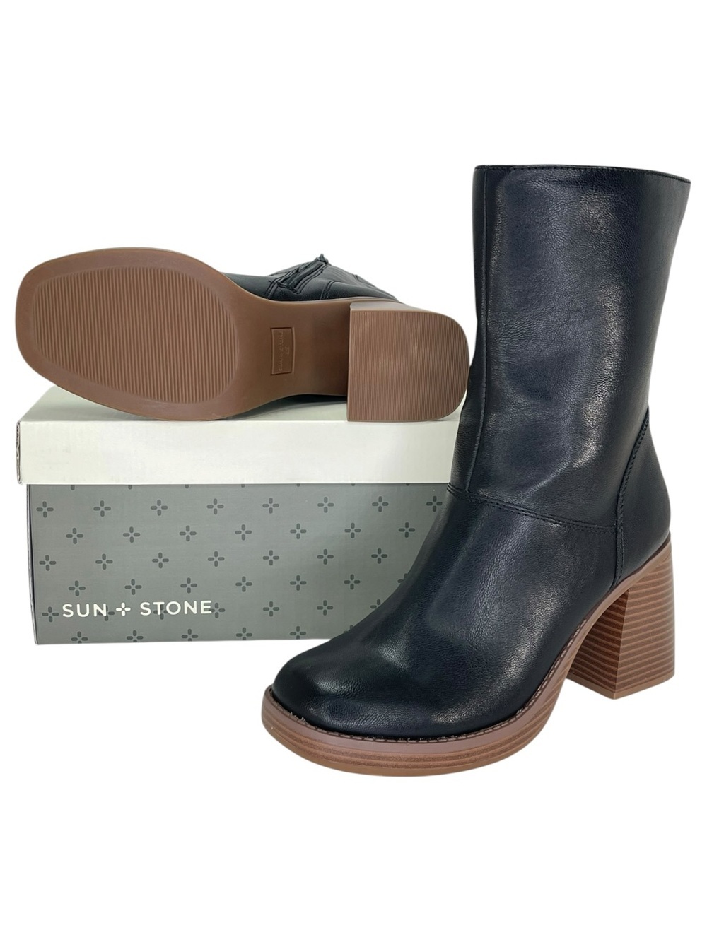 Sun + Stone Aleenn Black Faux Leather High Top Womens Ankle Boots Size 9.5M